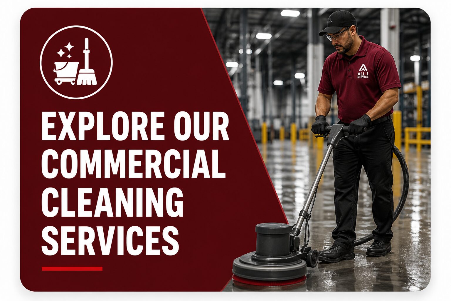 All 1 Service technicians performing industrial facility cleaning services in a manufacturing and warehouse environment