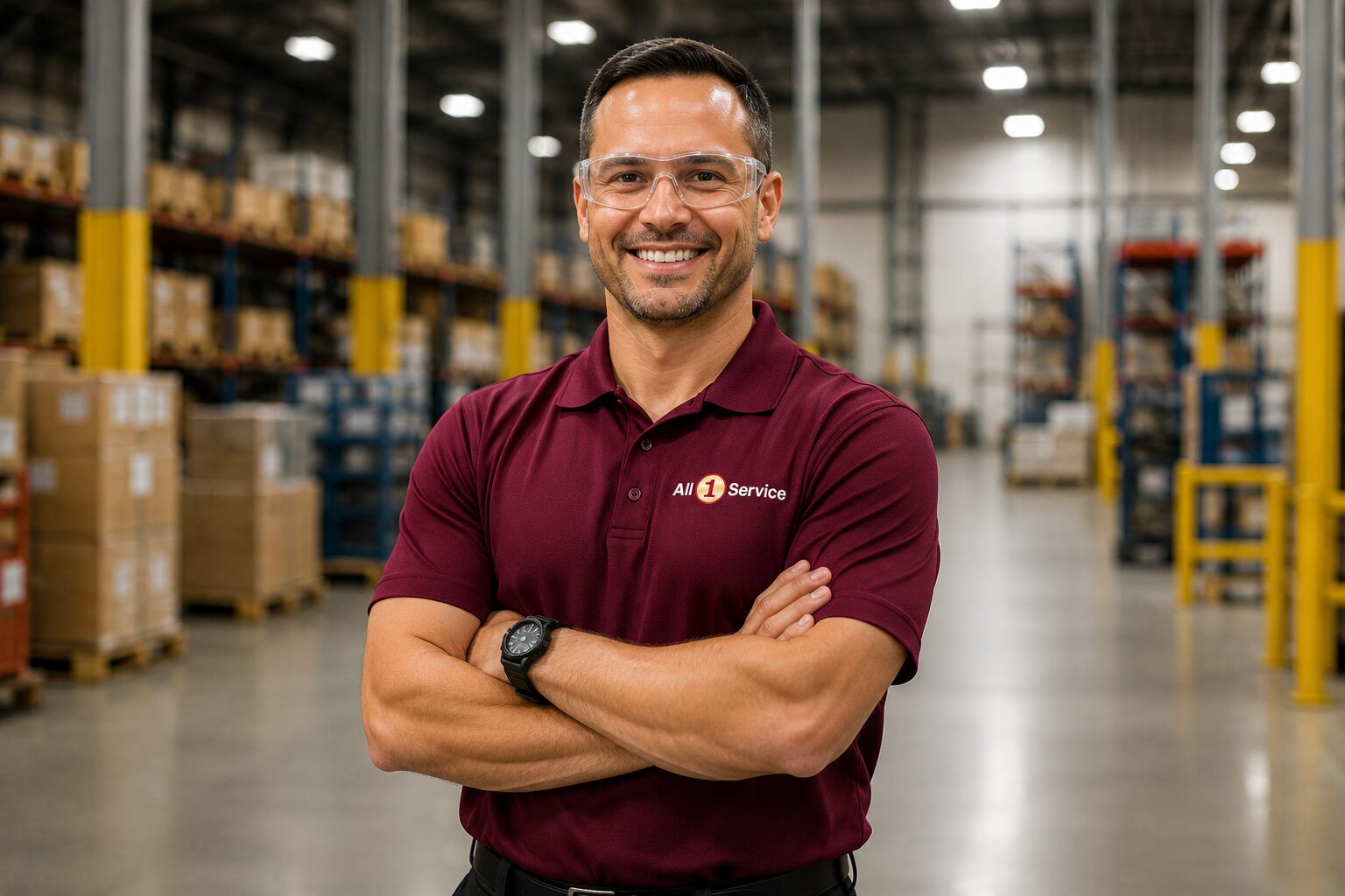 Commercial cleaning professional standing in a warehouse wearing an All 1 Service uniform before providing industrial cleaning services.