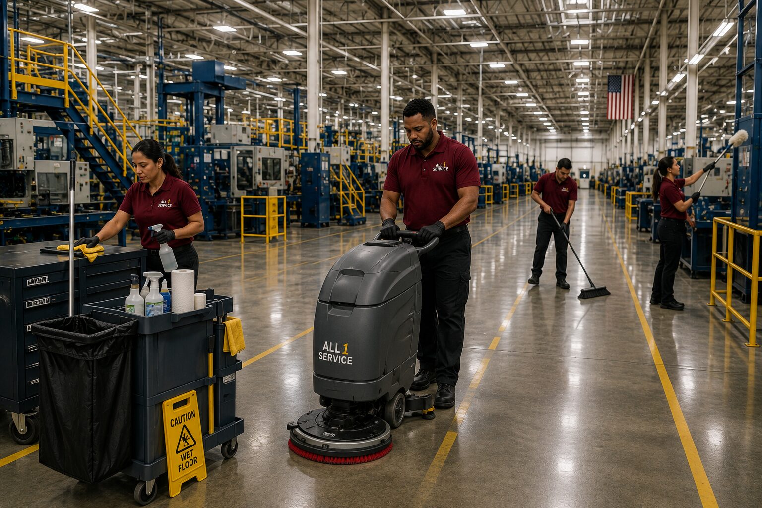 All 1 Service team performing manufacturing facility cleaning services in a production plant, industrial facility, or manufacturing environment.