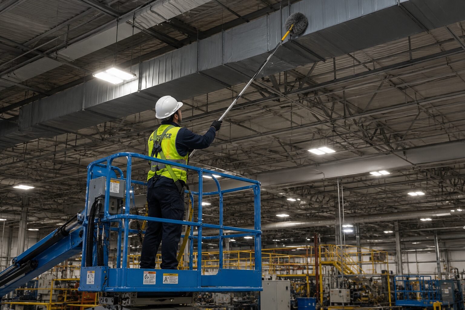 All 1 Service technicians performing high dusting services in an Atlanta manufacturing facility. Reliable manufacturing cleaning Atlanta.