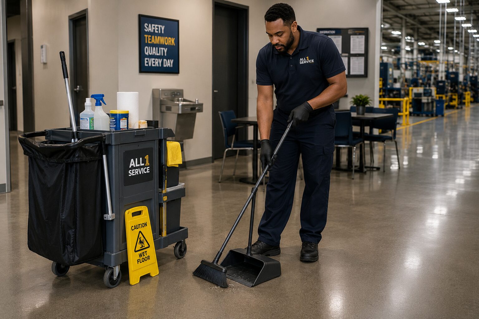 Manufacturing cleaning Atlanta: All 1 Service day porter maintaining cleanliness in an Atlanta manufacturing facility.