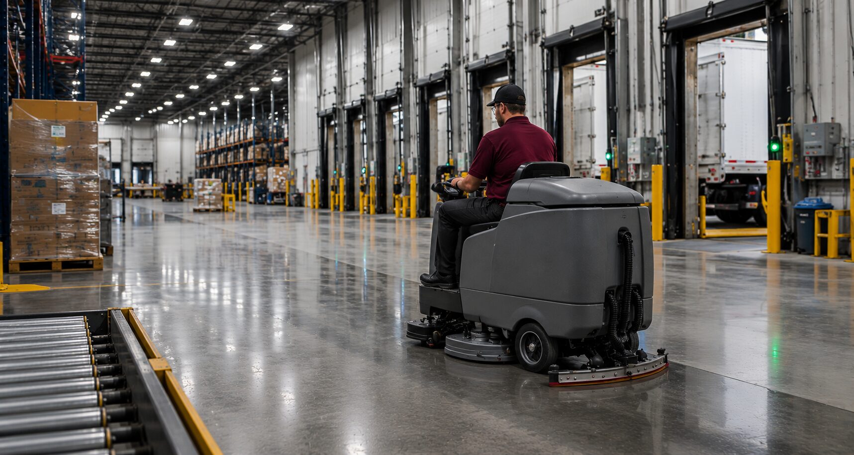 All 1 Service staff cleaning a warehouse and distribution center to maintain safe and efficient operations