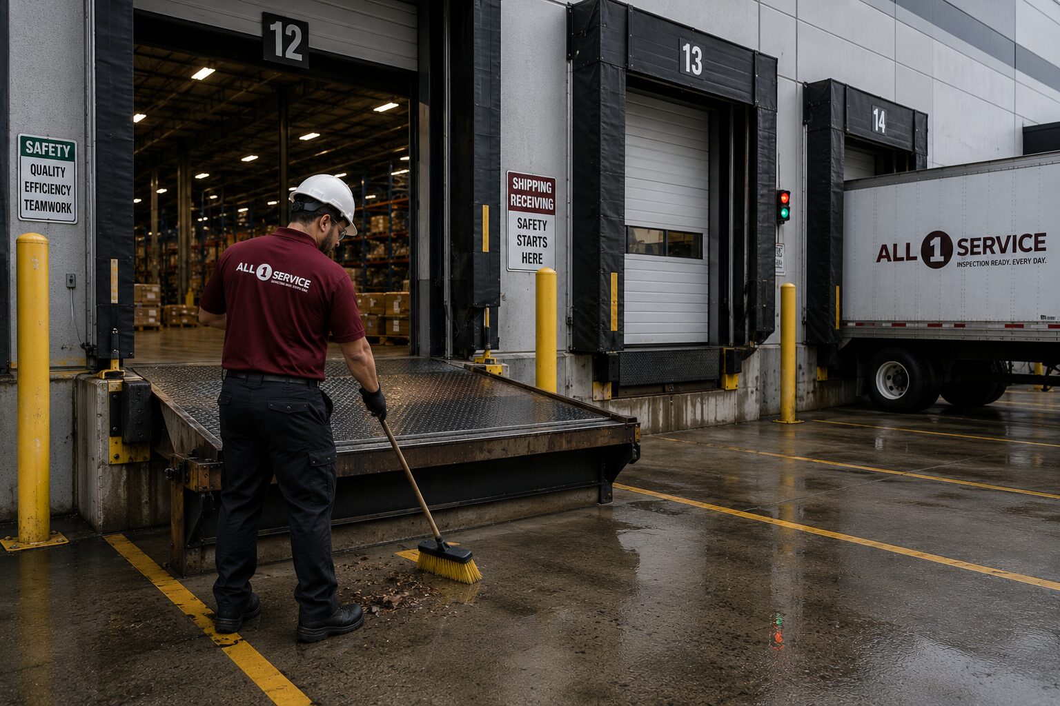 All 1 Service technicians cleaning an industrial loading dock and shipping area at a warehouse facility
