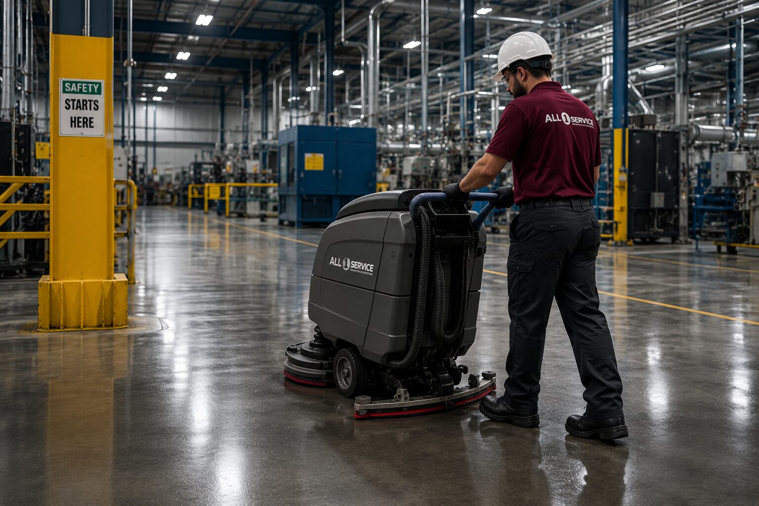 All 1 Service technicians performing industrial floor cleaning in a warehouse and manufacturing facility