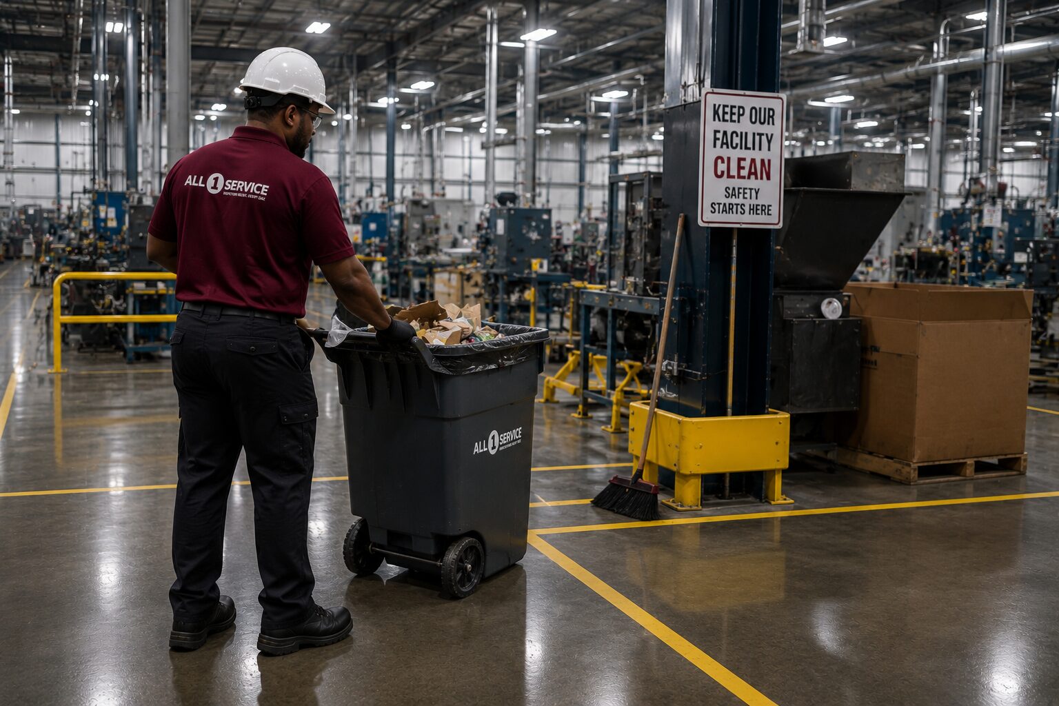 All 1 Service technicians removing industrial waste and debris from a warehouse and manufacturing facility