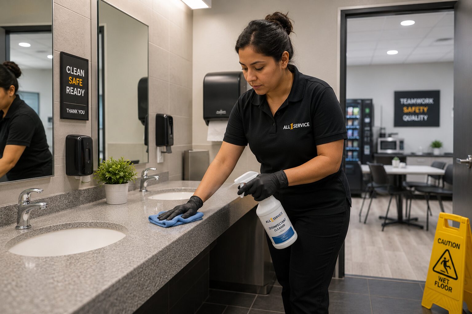 All 1 Service technicians cleaning employee restrooms and break rooms in an Atlanta manufacturing facility. Best Manufacturing cleaning Atlanta GA.