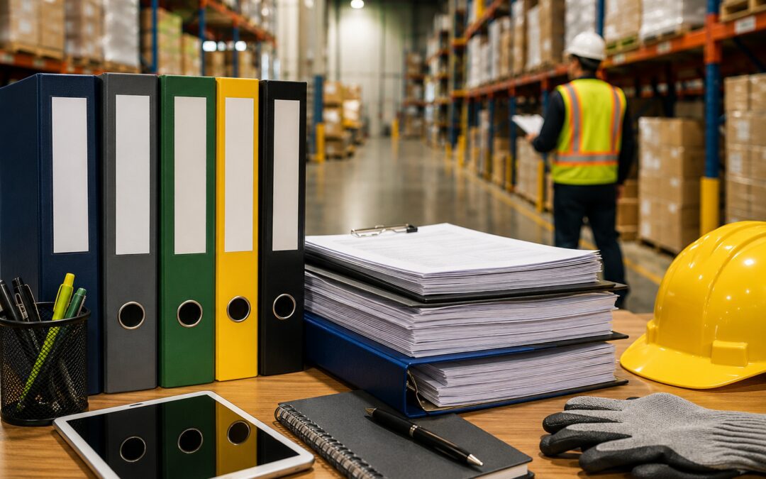 OSHA compliance preparation by warehouse staff. OSHA checklist documents on a warehouse table